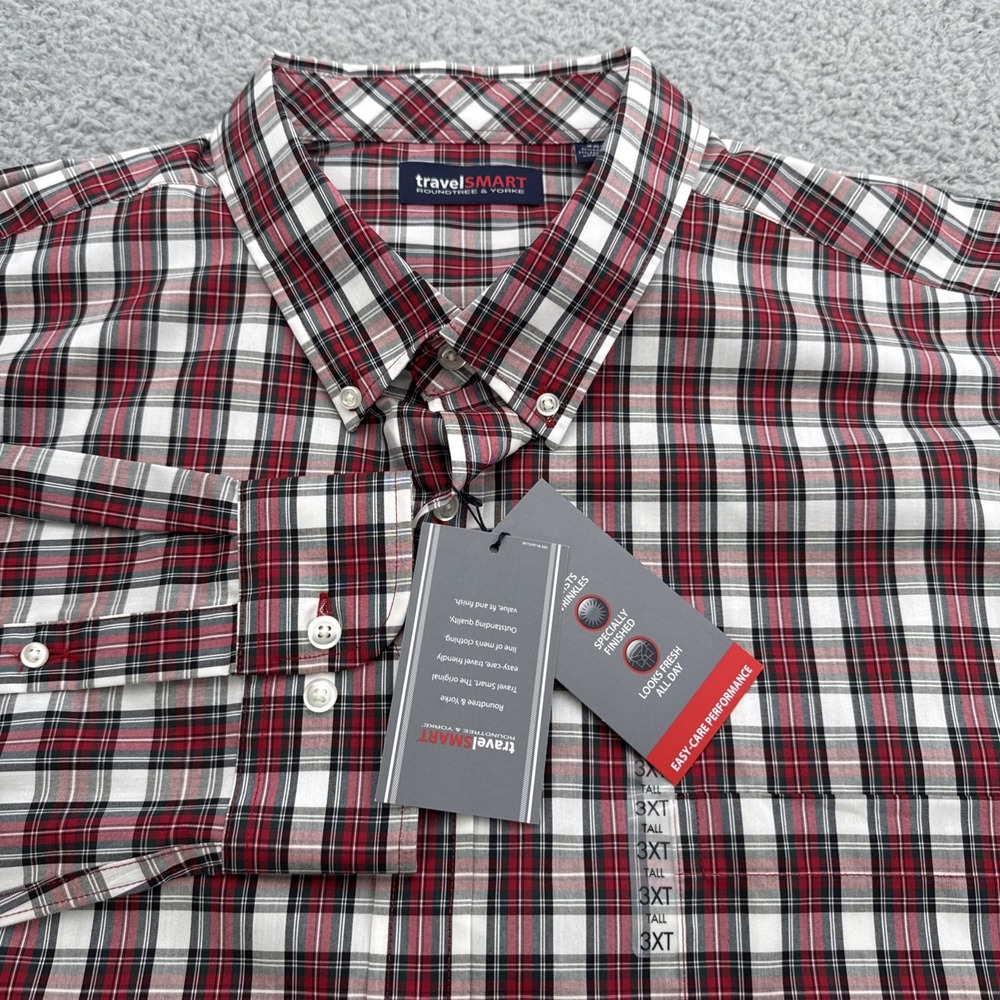 Roundtree & Yorke Dress Shirt Men 3XT Red New Plaid travelSMART Long Sleeve